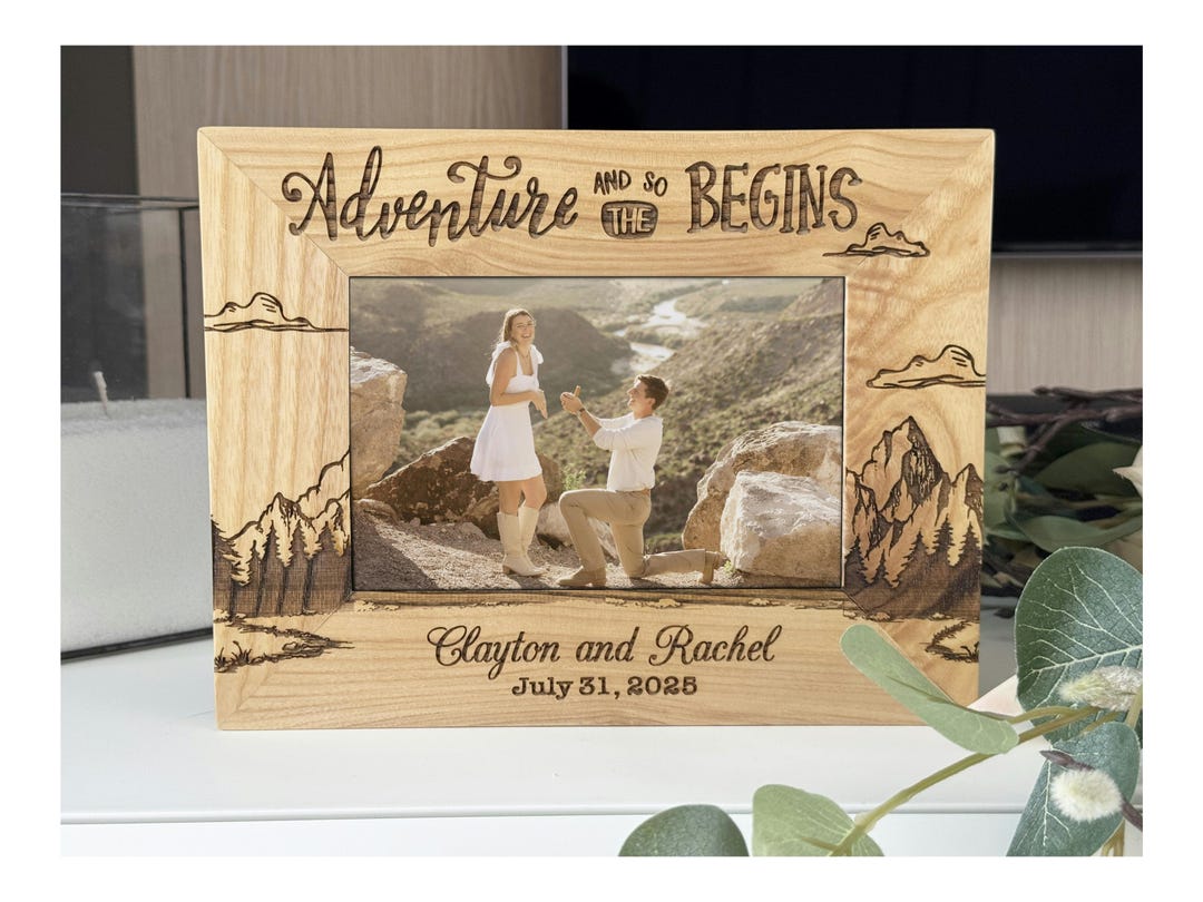 Personalized Oak Wood Engagement Photo Frame - Adventure Begins - Etsy