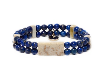 Natural lapis lazuli and white and gold resin bracelet, Personalized stretch men's bracelet, High quality gemstones