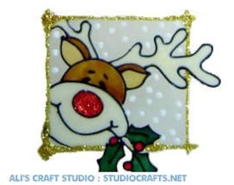 Peeping Rudolf (set of 3) Peelable Window Clings; Handmade - Get the look of stained glass (Ref. 1144) - Hand crafted by Ali's Craft Studio