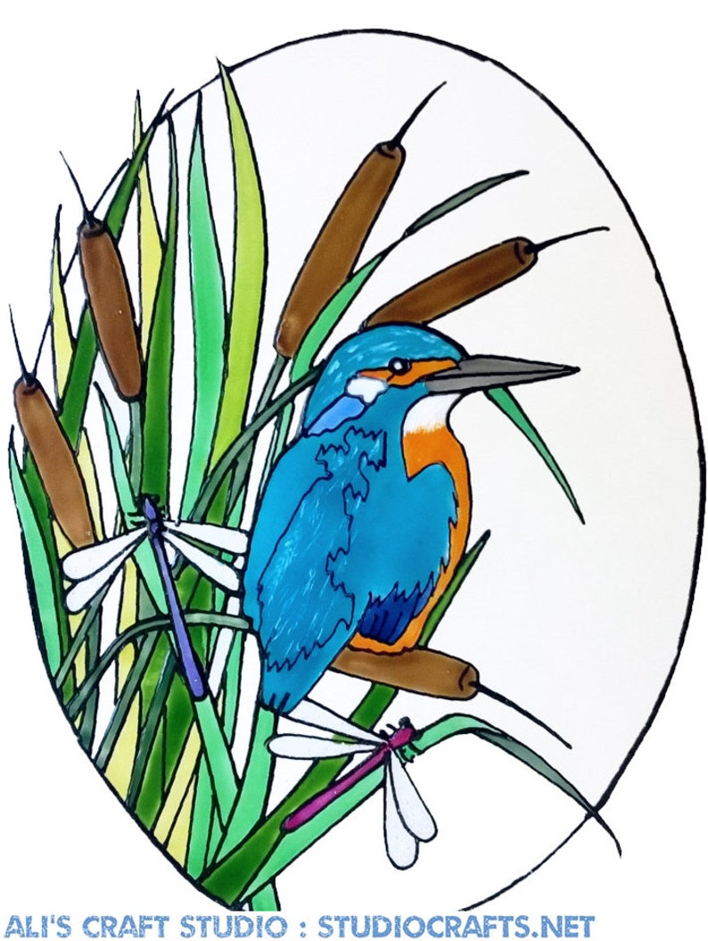 Stunning Oval Kingfisher Handpainted Window Cling get the look of stained glass Ref 1234 Hand crafted by Ali's Craft Studio Reversed