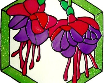 Fuchsia Panel Handpainted Window Cling - get the look of stained glass  (Ref 950) - Hand crafted by Ali's Craft Studio