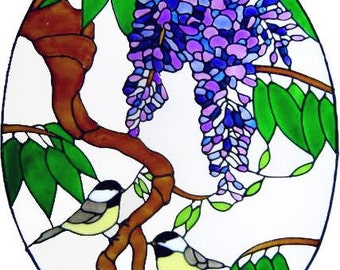 Wisteria & Birds Window Cling - handpainted - creates the look of stained glass  (Ref 894) - Hand crafted by Ali's Craft Studio