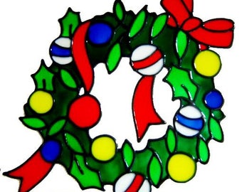 Christmas Wreath Window Cling - Handpainted, get the look of stained glass  (Ref 62) - Hand crafted by Ali's Craft Studio