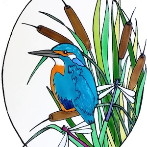 May include: A stained glass artwork featuring a blue kingfisher perched on a branch with green reeds and brown cattails. Two dragonflies with white wings are also included, one with a pink body and the other with a purple body.