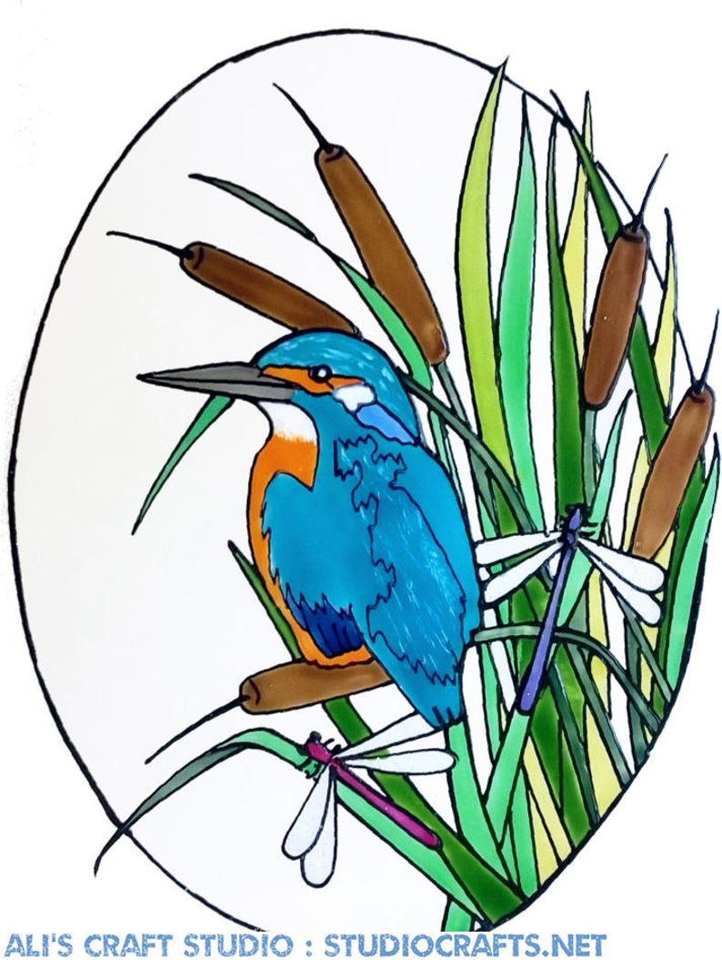 Stunning Oval Kingfisher Handpainted Window Cling get the look of stained glass Ref 1234 Hand crafted by Ali's Craft Studio Standard