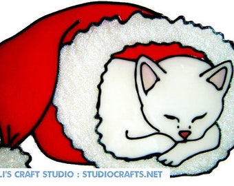 Christmas Snuggle Cat Handmade Peelable Window Cling - Get the look of stained glass (Ref. 855) - Hand crafted by Ali's Craft Studio