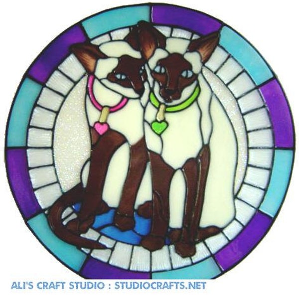 Siamese Cats Handpainted Window Cling - get the look of stained glass  (Ref 883) - Hand crafted by Ali's Craft Studio