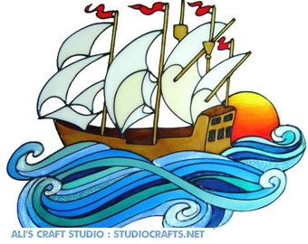 Galleon Ship Hand Painted Window Cling - Get the look of Stained Glass (Ref 740) - Hand crafted by Ali's Craft Studio