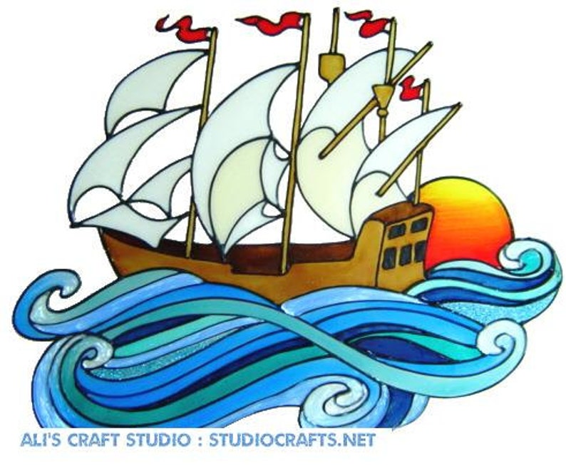 Galleon Ship Hand Painted Window Cling Get the look of Stained Glass Ref 740 Hand crafted by Ali's Craft Studio image 1