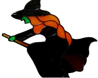 Witch on Broomstick Handmade Peelable Window Cling - Get the look of stained glass (Ref. 813) - Hand crafted by Ali's Craft Studio