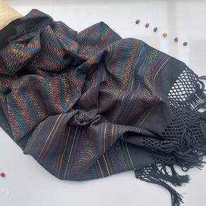 Mexican rebozo scarf for natural birth, belly binding, babywearing, ideal for doula, midwife. 98.5&quot;x 27.55&quot;. Rainbow Black