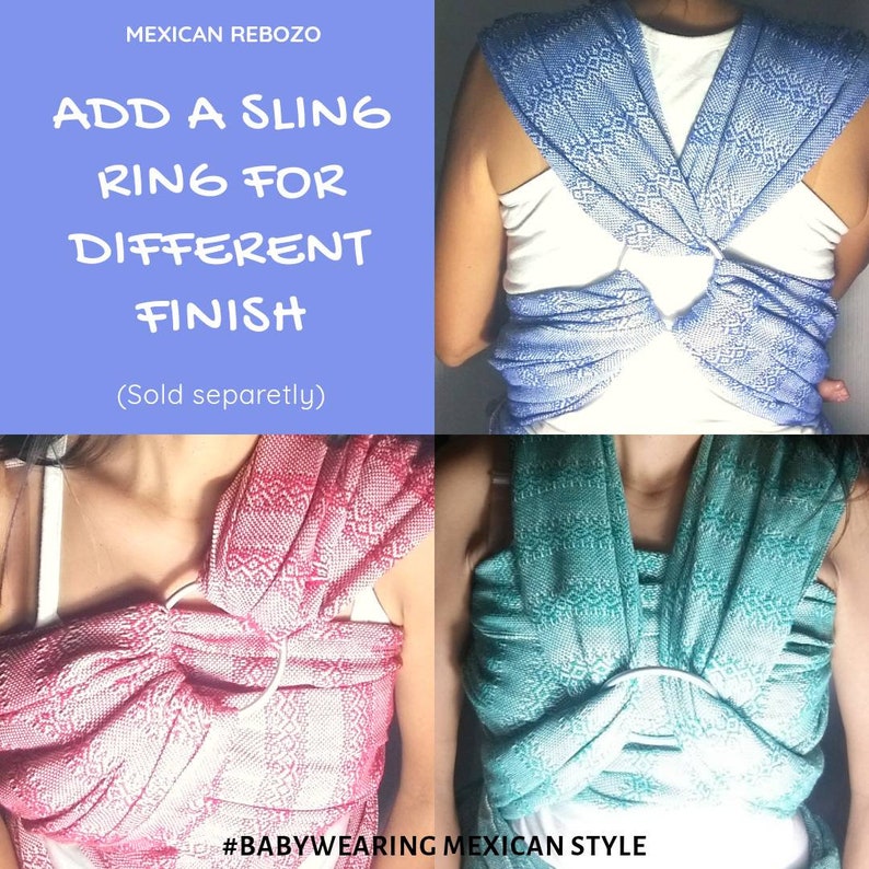 Peut inclure: Un collage de quatre images montrant diff&eacute;rentes fa&ccedil;ons de porter un rebozo mexicain, un ch&acirc;le tiss&eacute; traditionnel, comme un porte-b&eacute;b&eacute;. Les images montrent le rebozo nou&eacute; de diff&eacute;rentes mani&egrave;res, avec un anneau de sling ajout&eacute; au tissu pour une finition diff&eacute;rente. Le texte "#BABYWEARING MEXICAN STYLE" est en bas de l'image.
