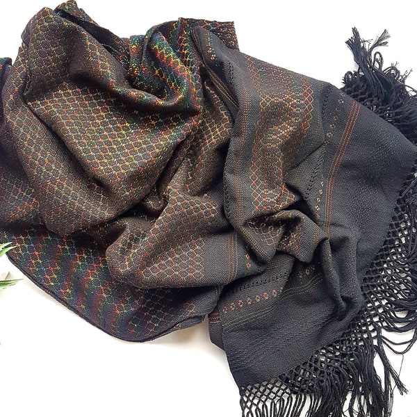Mexican rebozo for natural birth, belly binding, babywearing, ideal for doula, midwife. 98.5"x 27.55". Black Rainbow