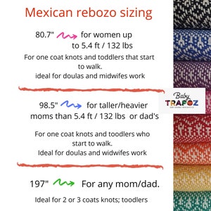 Peut inclure: Un tableau pr&eacute;sentant des informations sur les tailles de rebozos mexicains. Le tableau montre trois tailles diff&eacute;rentes de rebozos, avec leurs longueurs correspondantes en pouces et des descriptions de leur utilisation. Le tableau comprend &eacute;galement le texte "Baby Trapoz Baby Wearing Mexican Style".