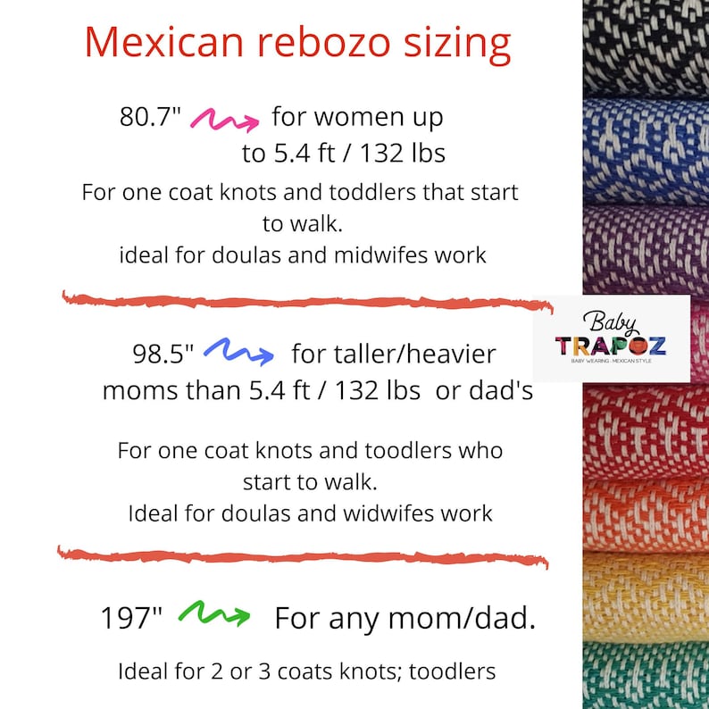 Peut inclure: Un tableau pr&eacute;sentant des informations sur les tailles de rebozos mexicains. Le tableau montre trois tailles diff&eacute;rentes de rebozos, avec leurs longueurs correspondantes en pouces et des descriptions de leur utilisation. Le tableau comprend &eacute;galement le texte "Baby Trapoz Baby Wearing Mexican Style".