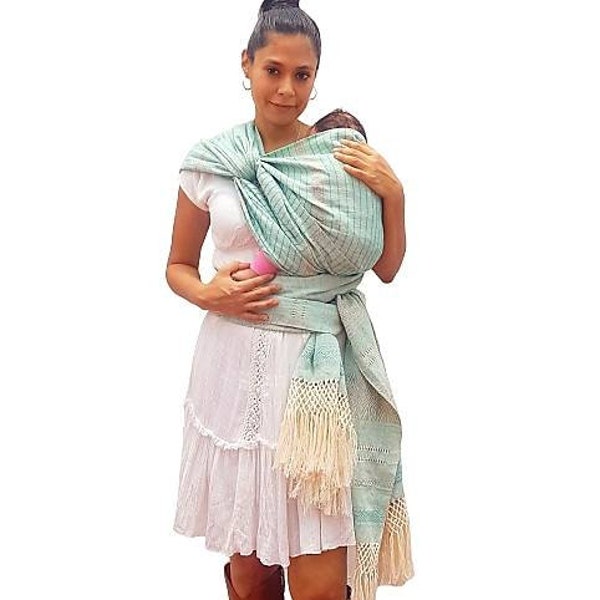 Baby carrier wrap mexican rebozo sling, cotton  w/ user's guide.Ideal for doulas, midwives, prenatal care. 197" Mint