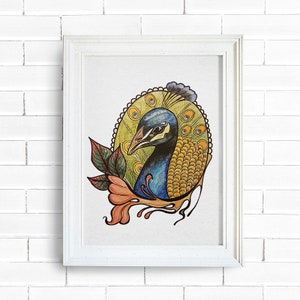 Neotraditional animal print - Mr Peacock- Watercolour painting - Fine art - Wall art - Decor wall gift