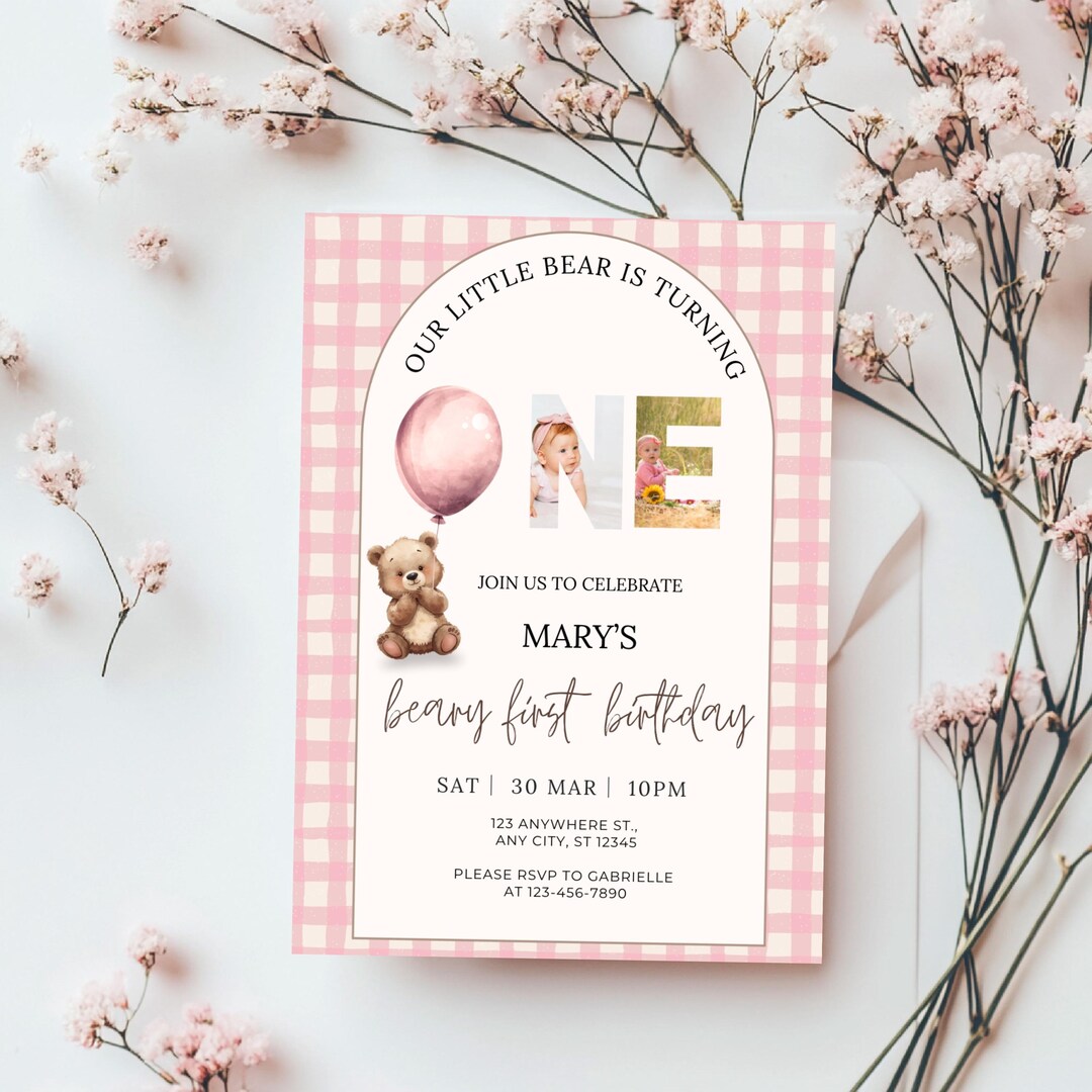 Beary First Birthday Invitation Template, Teddy Bear Girl Gingham Party ...