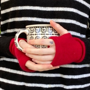 Berry red 100% cashmere upcycled  fingerless gloves with hand-stitched thumbholes