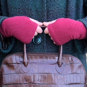 Raspberry red 100% cashmere  upcycled fingerless gloves with hand-stitched thumbholes