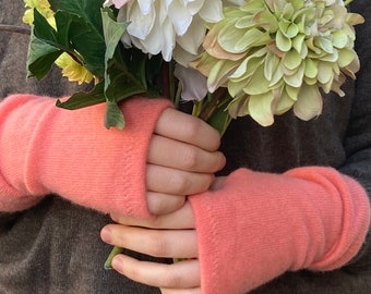 Watercolour coral 100% cashmere  upcycled fingerless gloves with hand-stitched thumbholes
