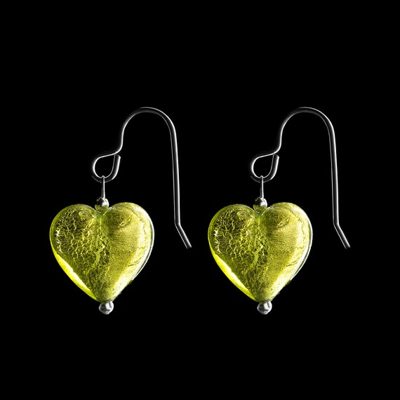 Venetian Murano Glass Heart Earrings on Sterling Silver Hooks Lime Green. Handmade in UK