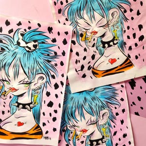 ragazza sbatte le palpebre arte originale, illustrazione, guazzo, acquerello, anni '80, illustrazione, retrò, punk, goth, rock