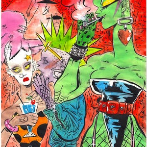 Serata in discoteca ARTE ORIGINALE, stampa retrò, punk, pospunk, acquerello, guazzo, anni '80