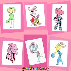 Opera d'arte originale kawaii, acquerello, guazzo, kawaii, carino, retrò, arte anni '80, coniglio, topo, cucciolo