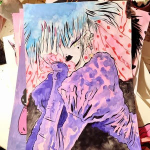 Arte originale di un adolescente gotico, acquerello, guazzo, illustrazione originale, arte originale, anni '80