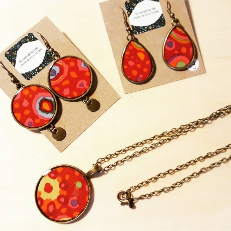 Adornment necklace Locket or 1 pair of asymmetrical charm or drop earrings multicolorfabric aborigine and resinhandmade