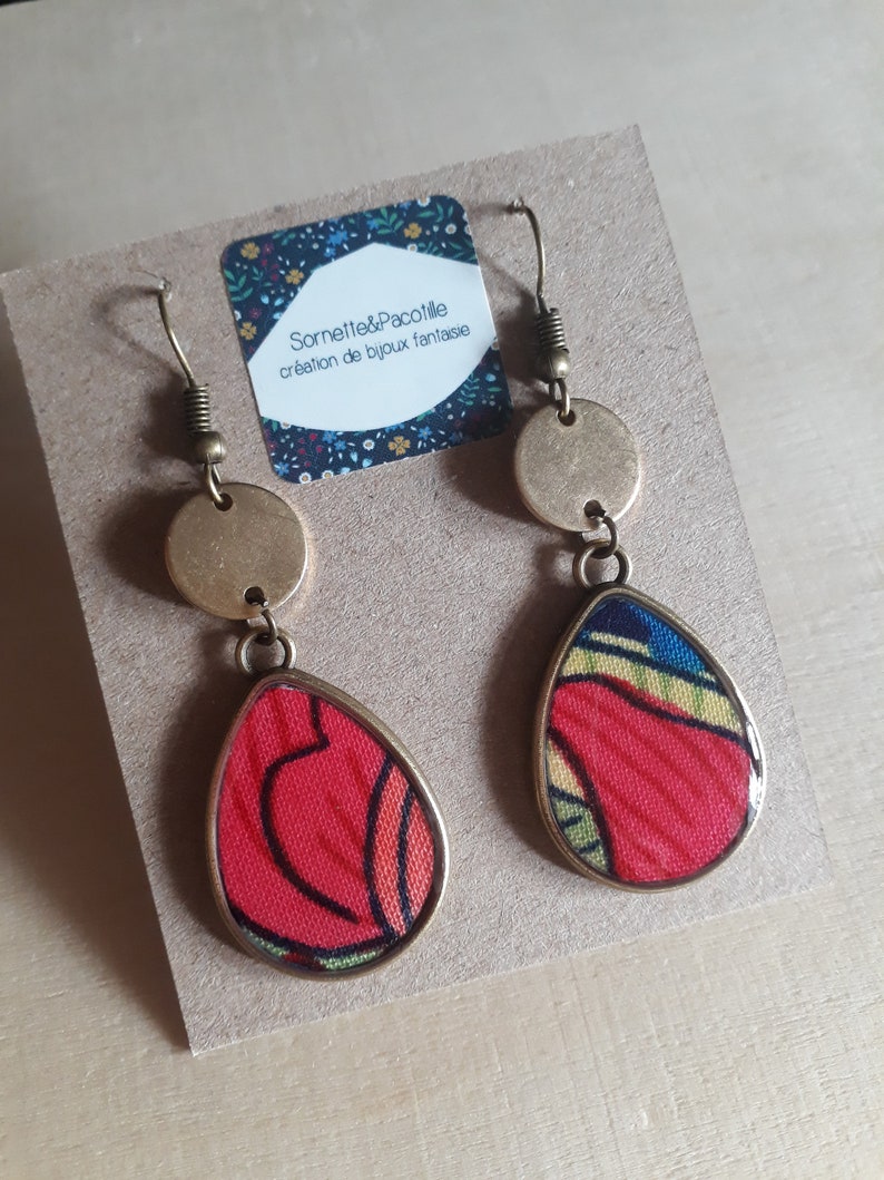 Asymmetric earrings drops multicolor graphic floral fabric and resinhandmadeseveral possible shapes