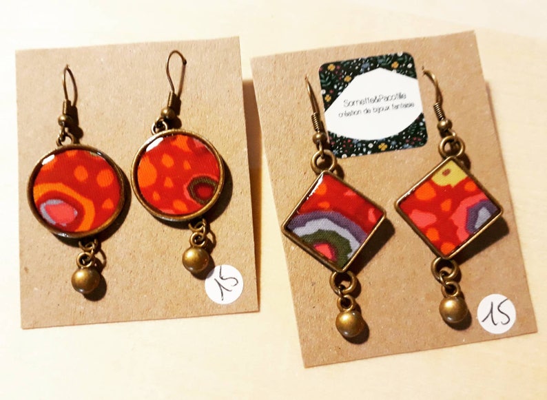 Adornment necklace Locket or 1 pair of asymmetrical charm or drop earrings multicolorfabric aborigine and resinhandmade