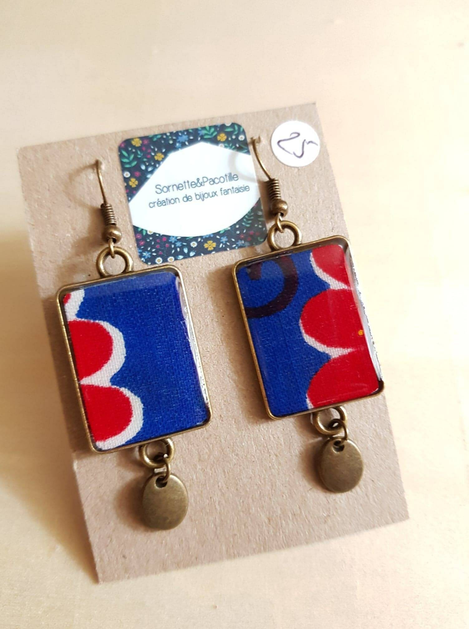 earrings rectangular two tone royal blue and red wax bronze 15x28mm