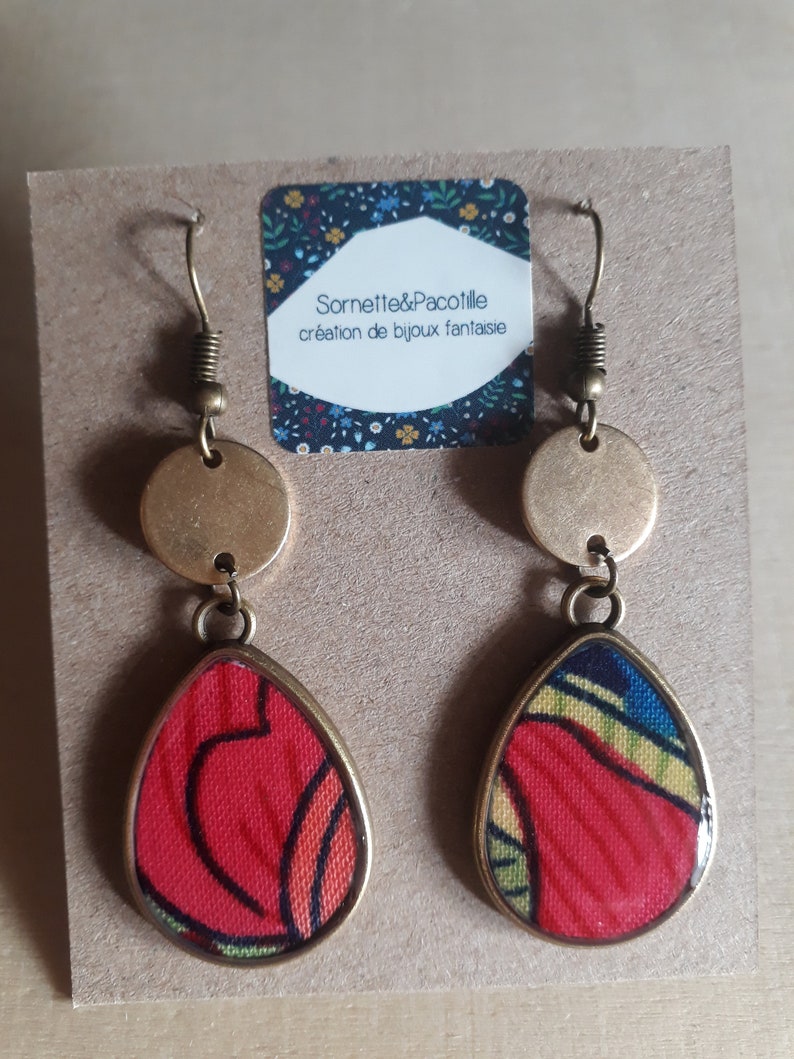 Asymmetric earrings drops multicolor graphic floral fabric and resinhandmadeseveral possible shapes