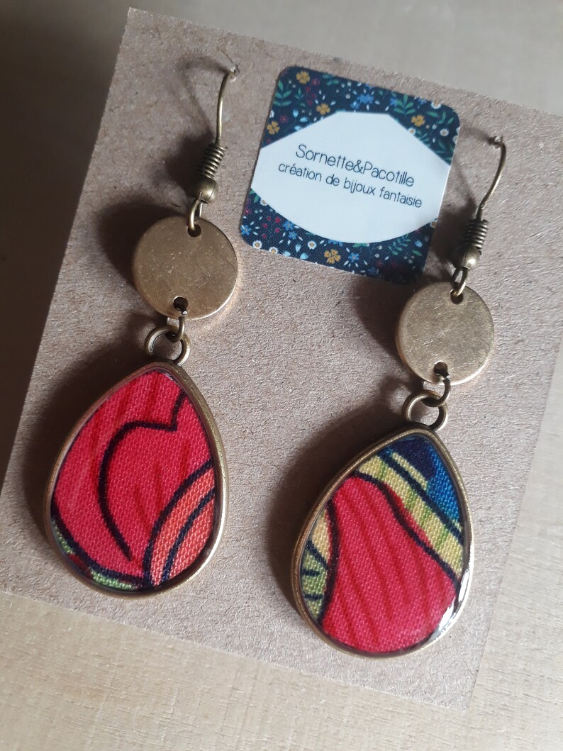 Asymmetric earrings drops multicolor graphic floral fabric and resinhandmadeseveral possible shapes