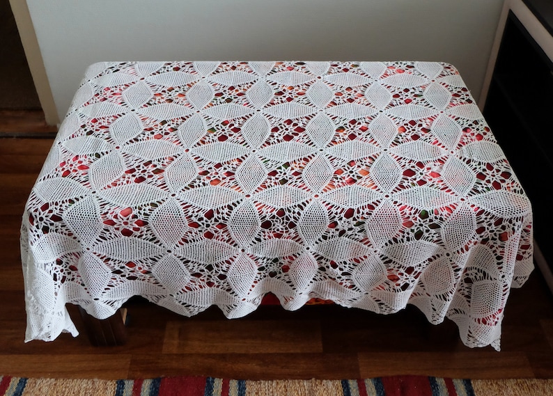 Vintage Cotton Crocheted Tablecloth antique table decor napkin handmade cottage chic table runner retro white rectangular lace table cloth