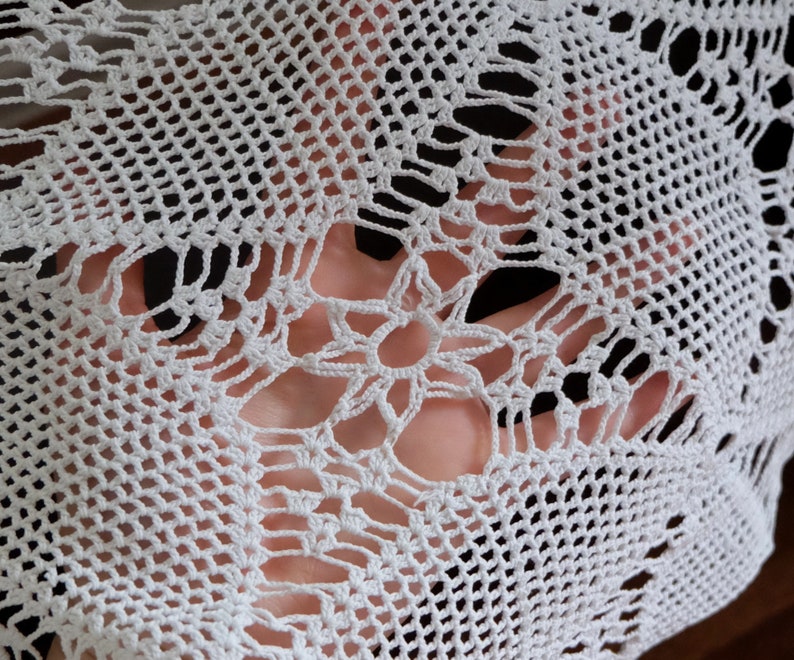 Vintage Cotton Crocheted Tablecloth antique table decor napkin handmade cottage chic table runner retro white rectangular lace table cloth