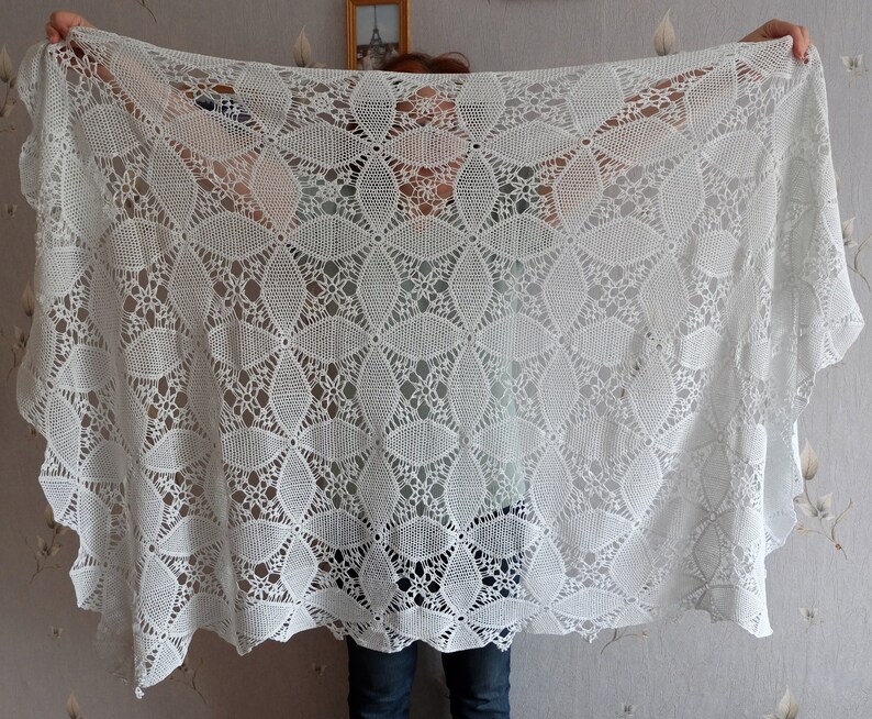 Vintage Cotton Crocheted Tablecloth antique table decor napkin handmade cottage chic table runner retro white rectangular lace table cloth