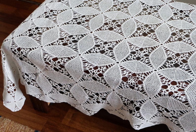 Vintage Cotton Crocheted Tablecloth antique table decor napkin handmade cottage chic table runner retro white rectangular lace table cloth