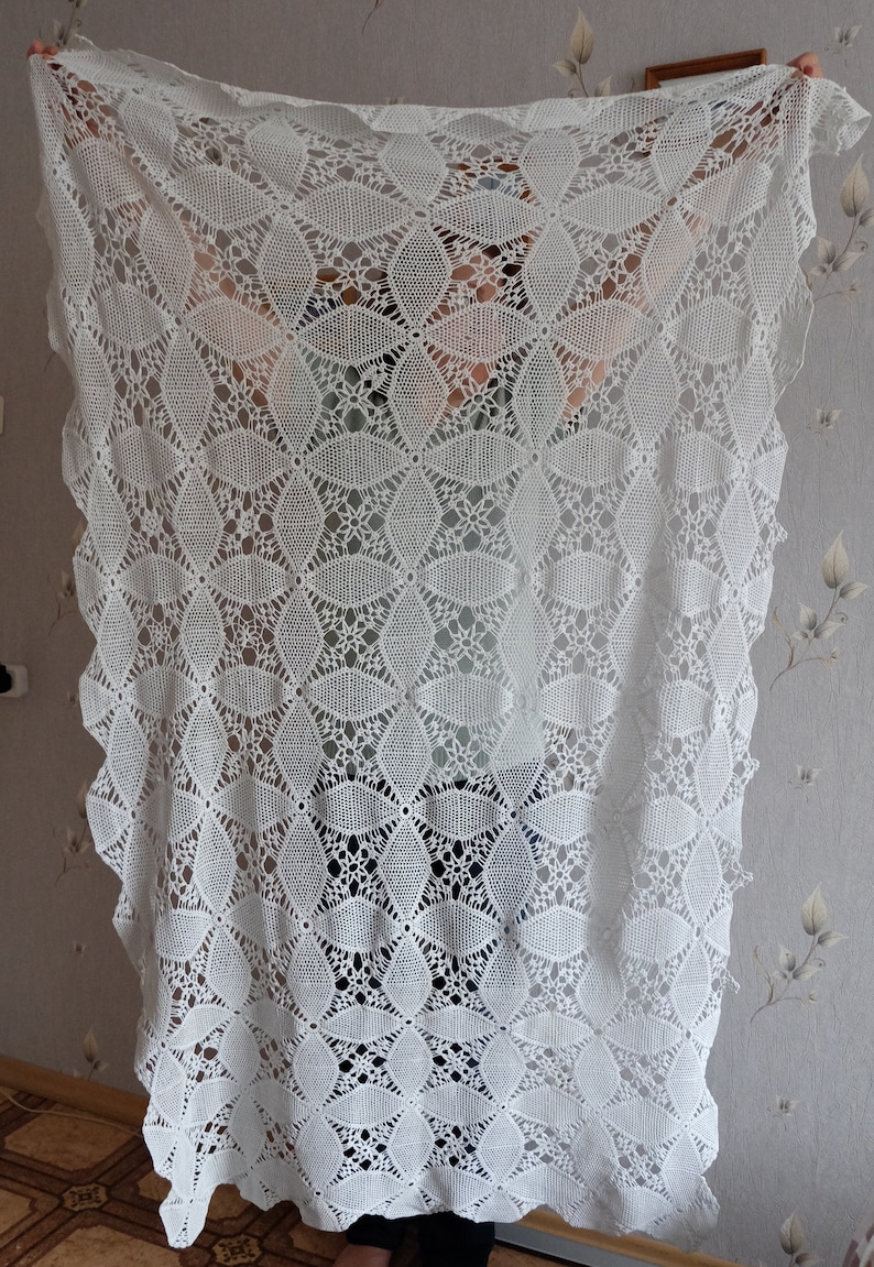Vintage Cotton Crocheted Tablecloth antique table decor napkin handmade cottage chic table runner retro white rectangular lace table cloth