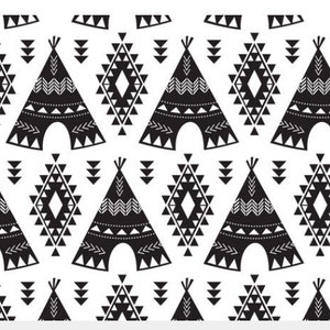May include: Black and white seamless pattern featuring a repeating design of teepees and geometric shapes. The teepees have a white outline and are decorated with geometric patterns. The geometric shapes are diamond-shaped and have a white outline.