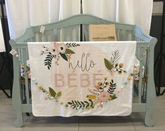 HELLO BEBE baby blanket, crib bedding, crib sheet, baby photoprop, floral blanket, swaddle, baby gift, modern nursery decor