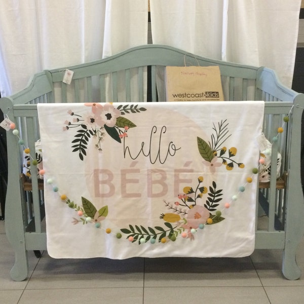 HELLO BEBE baby blanket, crib bedding, crib sheet, baby photoprop, floral blanket, swaddle, baby gift, modern nursery decor