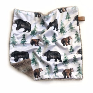 Bears lovey blanket, lovie, baby blanket, security blanket, baby travel blanket, baby gift, minky blanket, boys blanket, bears and trees