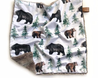 Bears lovey blanket, lovie, baby blanket, security blanket, baby travel blanket, baby gift, minky blanket, boys blanket, bears and trees