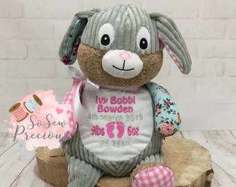 Personalised Bunny Rabbit Pink, Embroidered Baby Gift, Personalized Teddy Bear, Cubbies, Boy, Girl, Christening, Birth block details