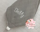 Personalised Baby Blanket, embroidered, Cable Knit with pom poms and sherpa , personalized baby gift, grey