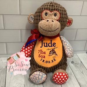 Personalised Cubbies patchwork monkey, teddy bear, great birthday gift for kids, personalized stuffie baby gift, birthday
