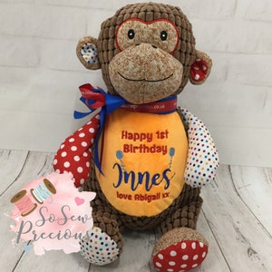 Personalised Cubbies patchwork monkey, teddy bear, great birthday gift for kids, personalized stuffie baby gift, birthday